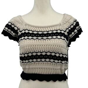 Freshman 1996 Open Knit Crop Top WMNS M Cream Black Striped Scalloped Trim Sheer